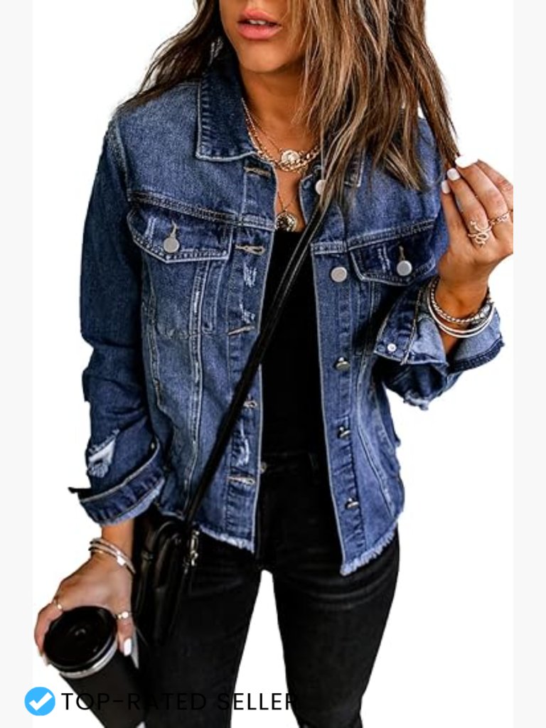 Distressed Denim Jacket With Pockets Casual Vintage Button Up Crop Coat